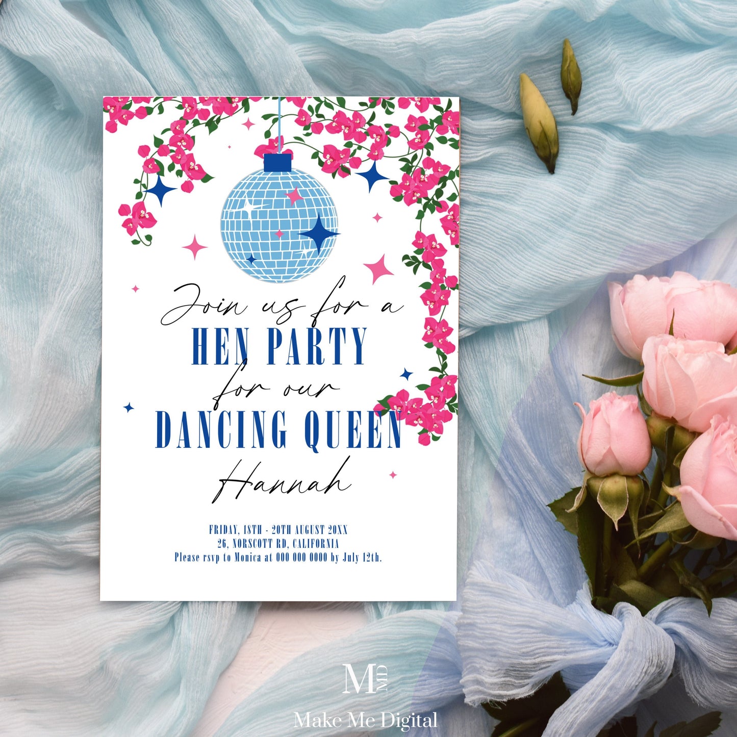 Dancing Queen Mamma Mia Hen Party Invitation template Make Me Digital: printable event invitations, party games & decor Dancing Queen Mamma Mia Hen Party Invitation template Make Me Digital: printable event invitations, party games & decor