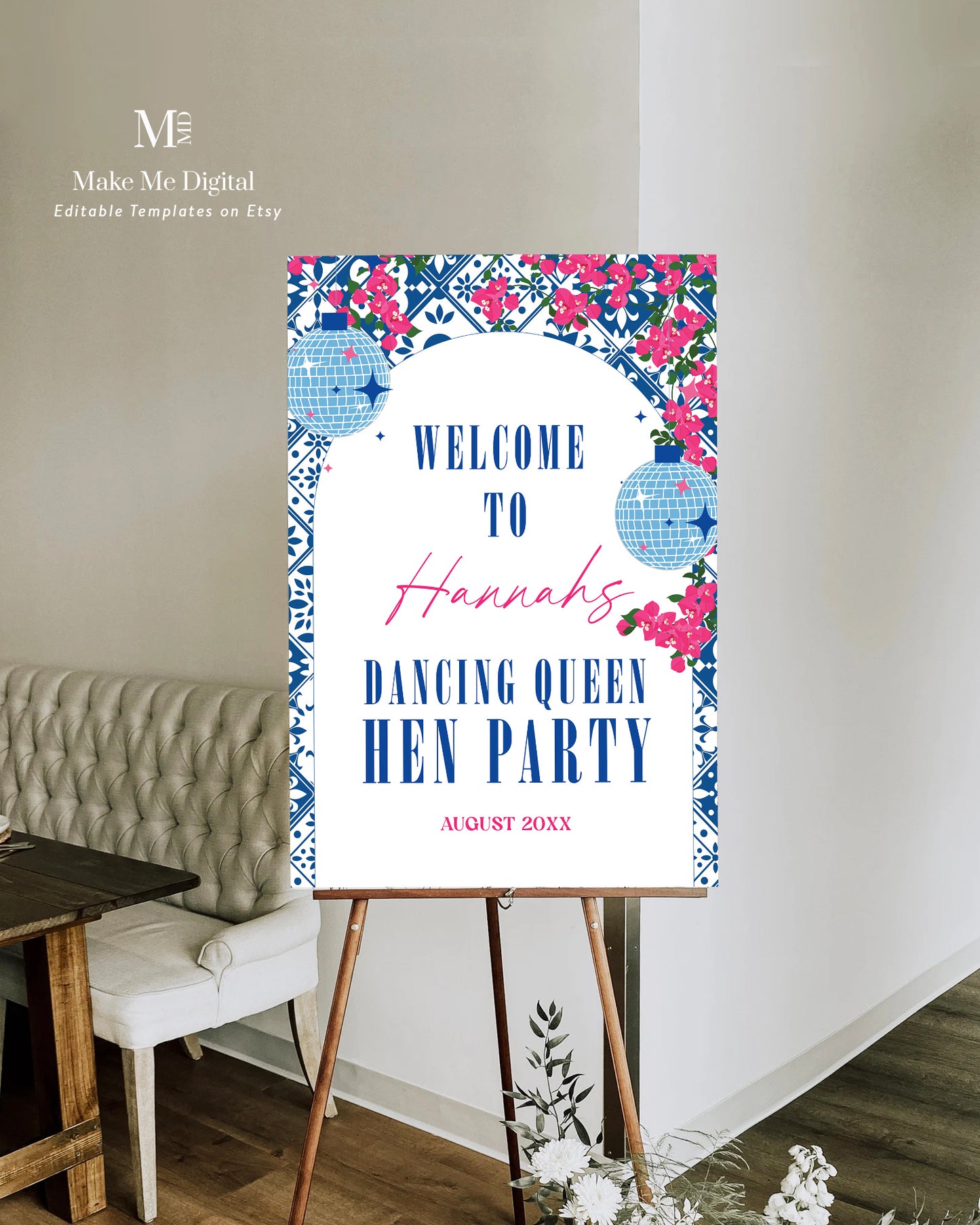 Mamma Mia Arch Hen Party Welcome Sign & Mediterranean Blue Tile template