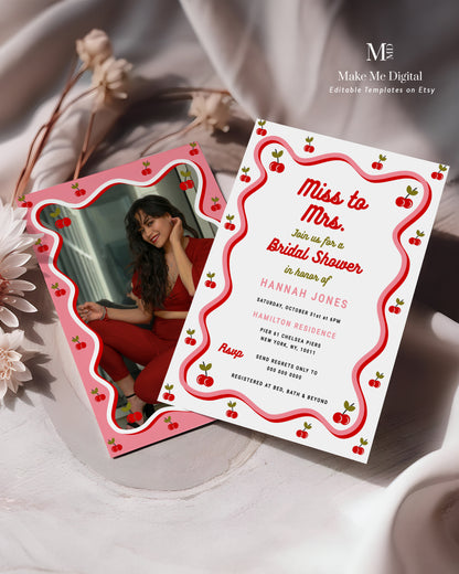Miss to Mrs Retro Cherry Bridal Shower Invitation template