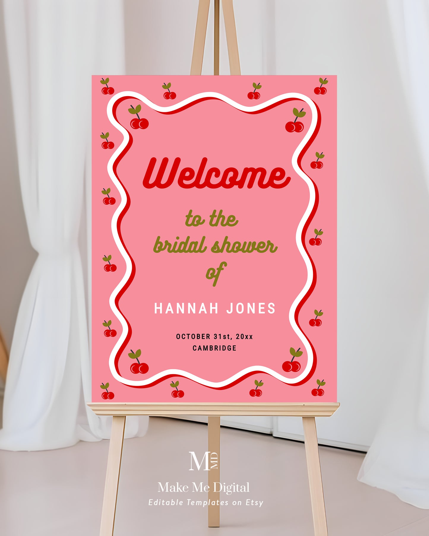 Pink Retro Cherry Bridal Shower Welcome Sign template