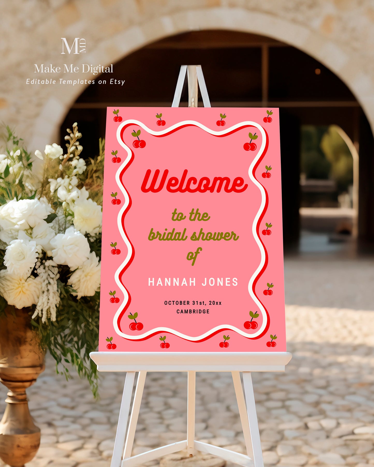 Pink Retro Cherry Bridal Shower Welcome Sign template