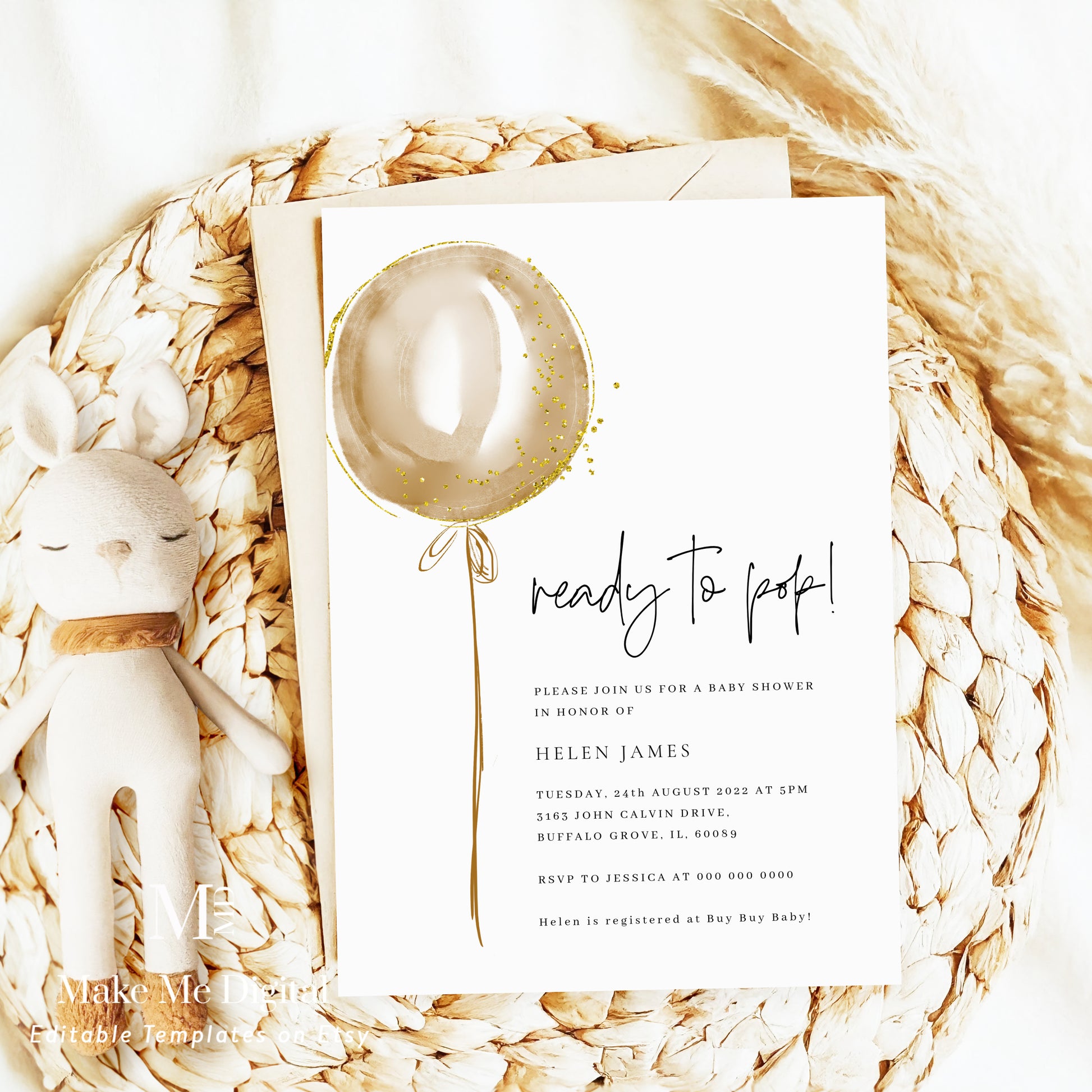 Gold Balloon Boy Baby Shower Invitation – Make Me Digital