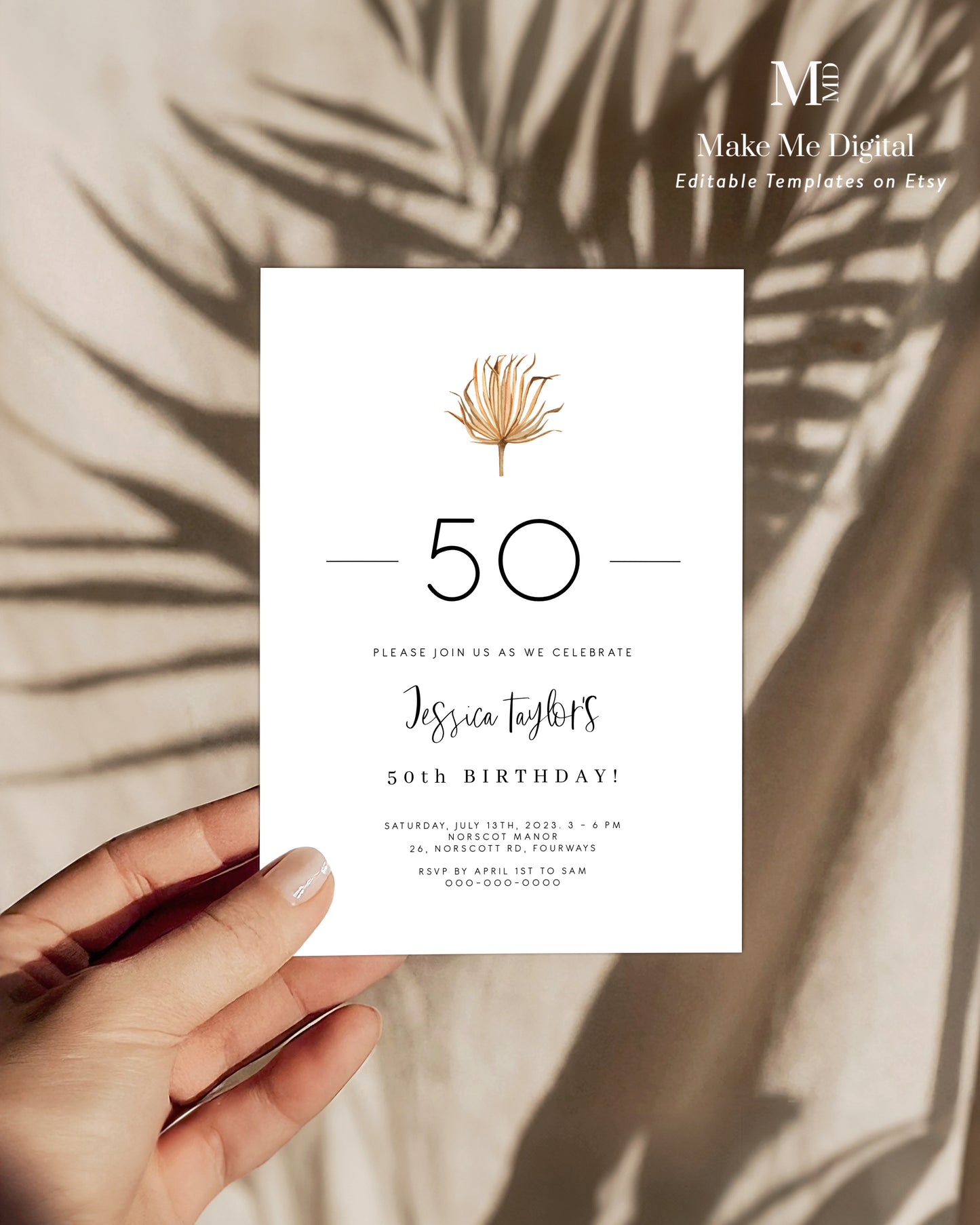 Rustic Palm Leaf 50th Birthday Invitation
