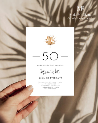 Rustic Palm Leaf 50th Birthday Invitation