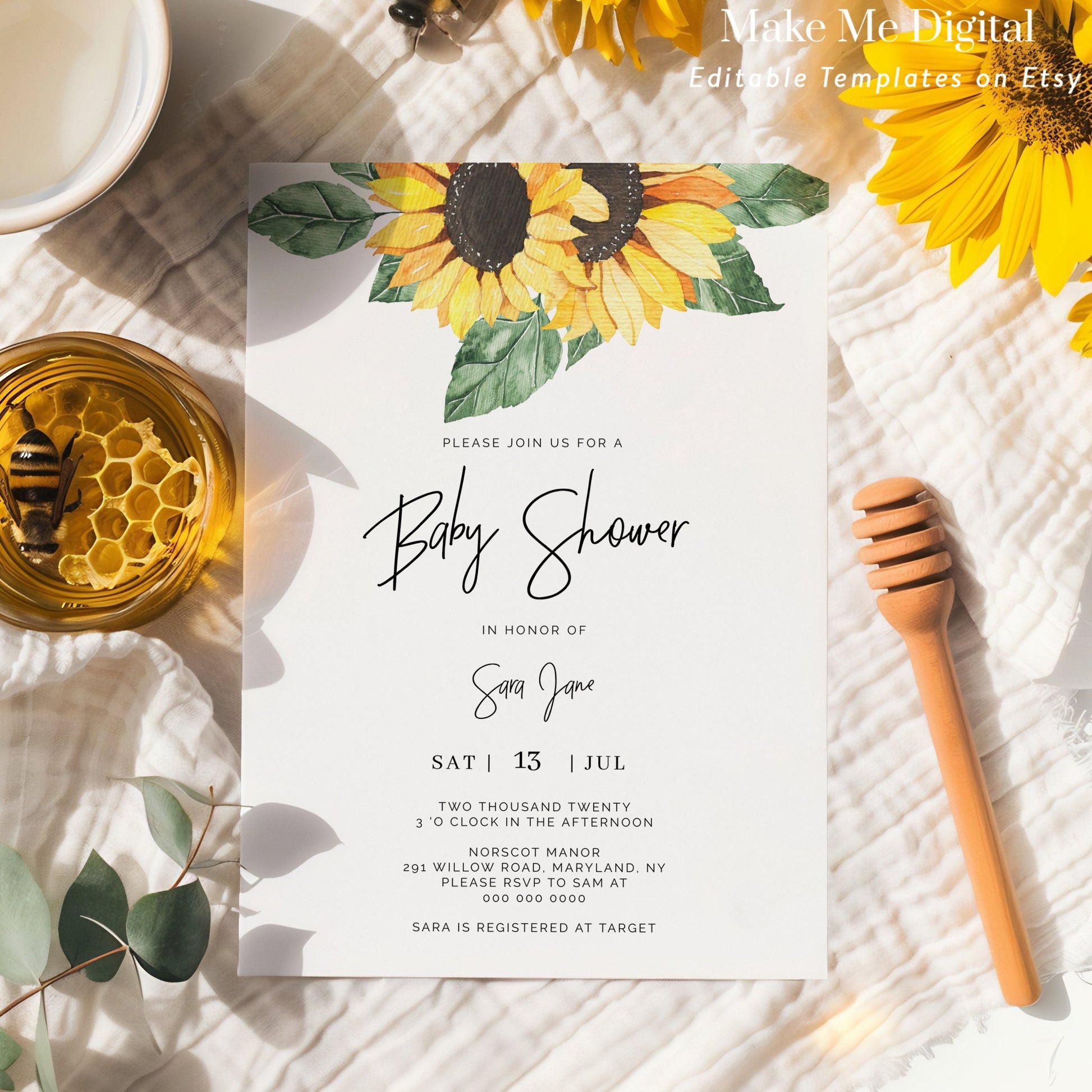 Sunflower Baby Shower Invitation Single – Make Me Digital