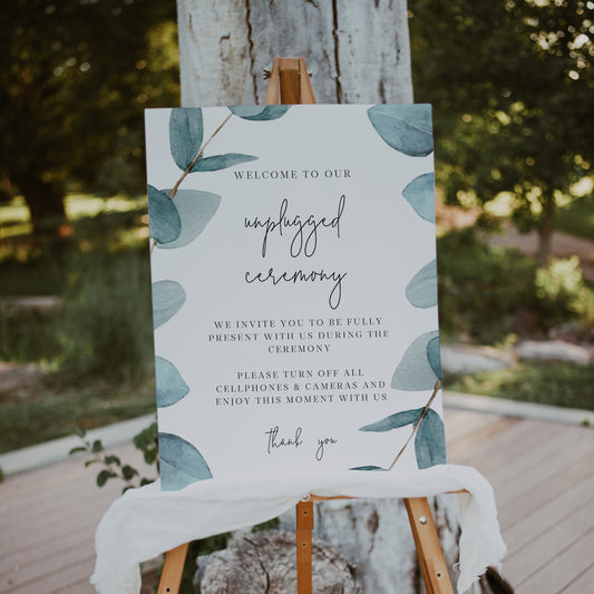 Blue Eucalyptus Unplugged Wedding Ceremony Sign