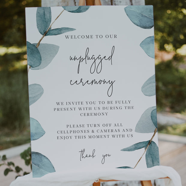 Blue Eucalyptus Unplugged Wedding Ceremony Sign