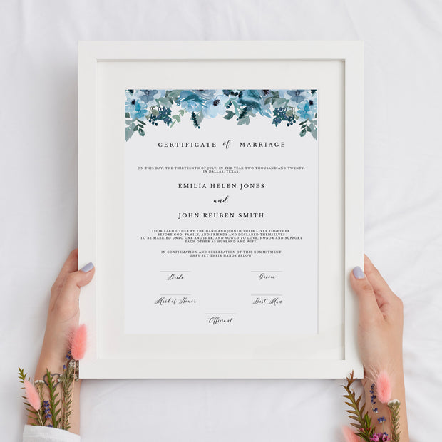 Blue Floral Marriage Certificate