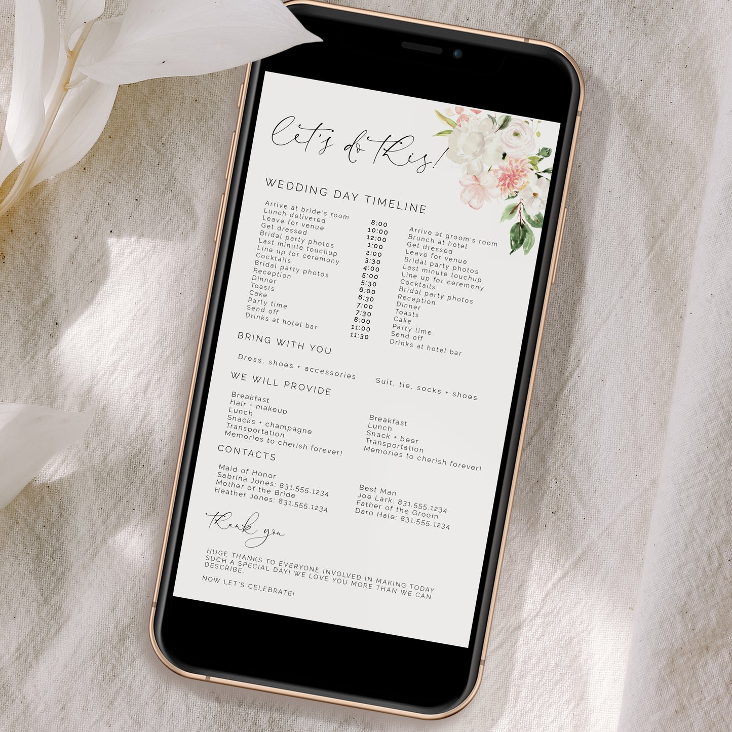 Blush Pink & White Floral Wedding Day Timeline Schedule