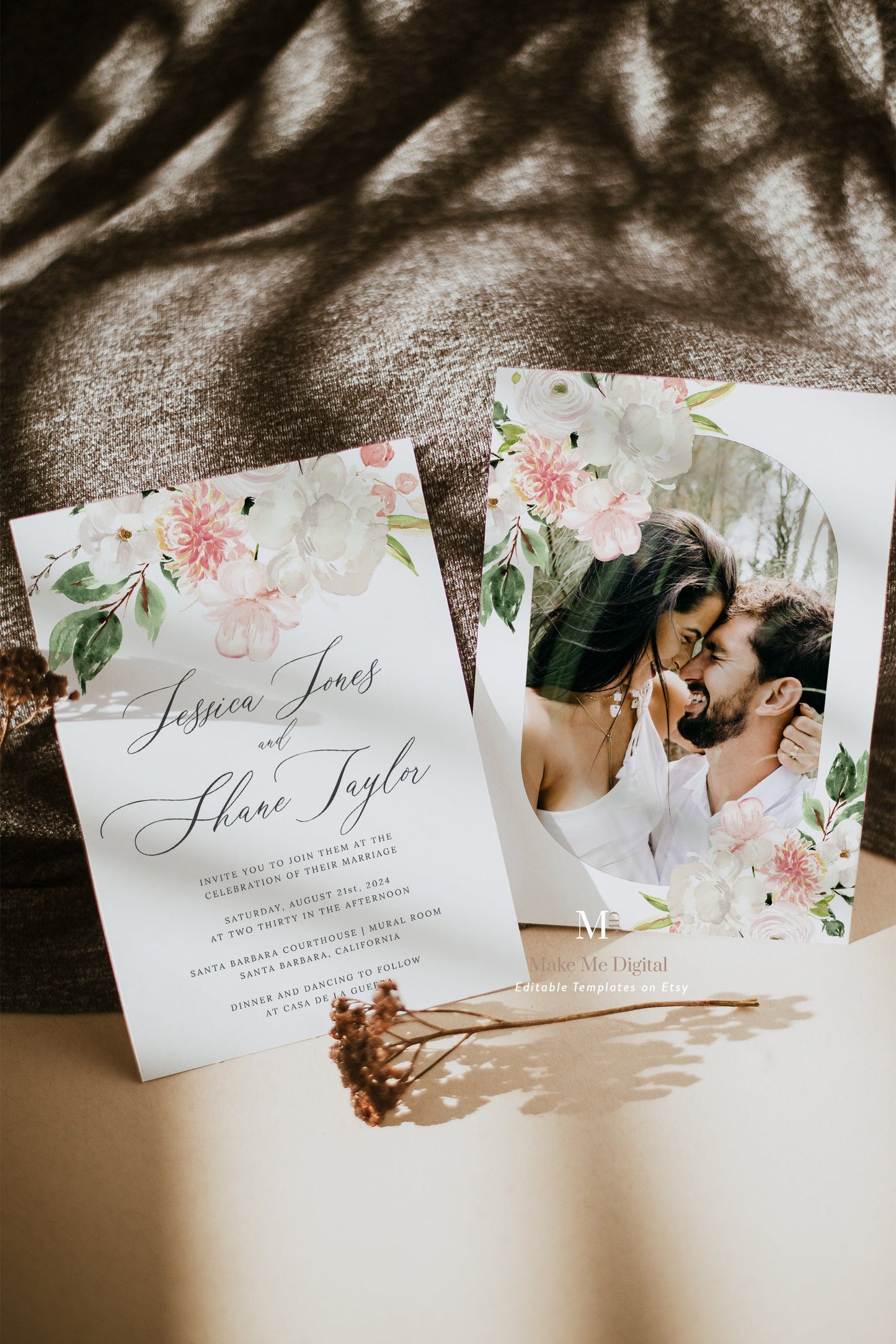 Blush Pink & White Floral Wedding Invitation Single