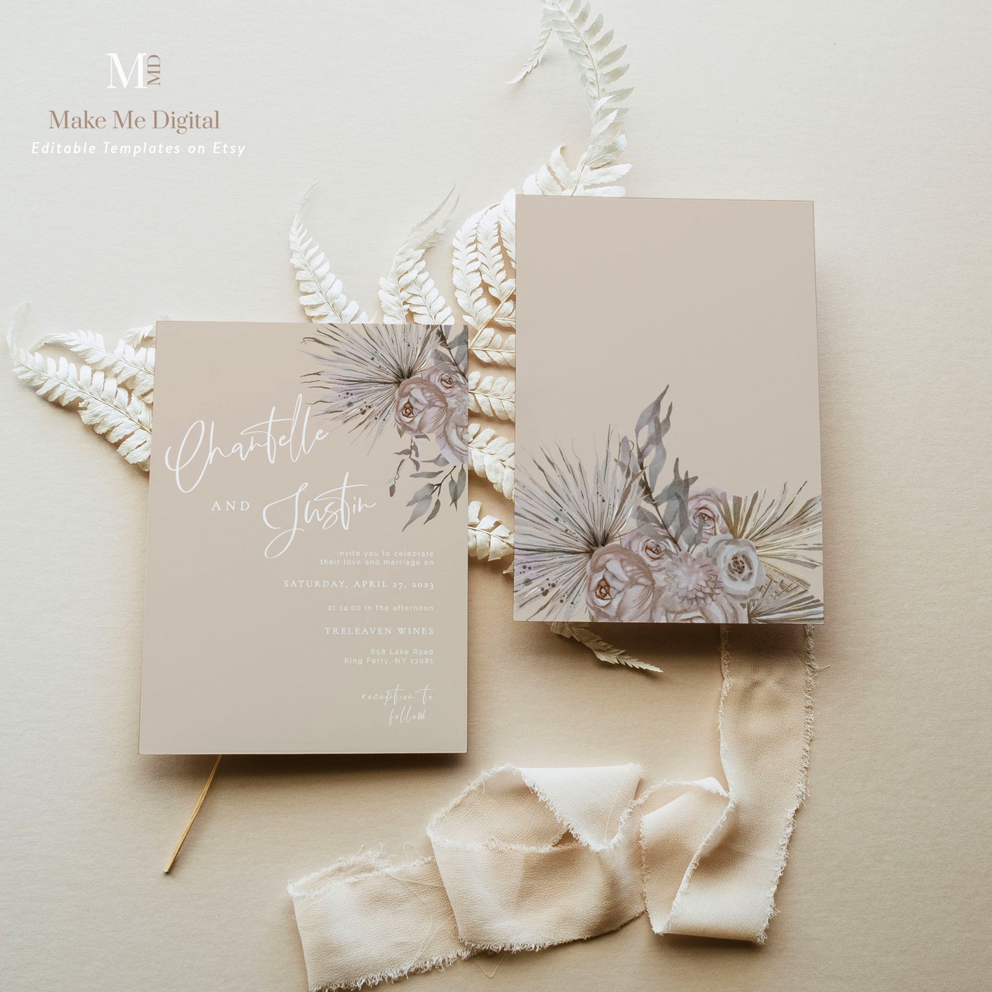 Muted Florals & Beige Wedding Invitation