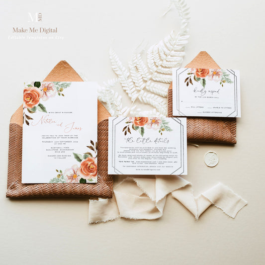 Burnt Orange Autumn Floral Wedding Invitation Set - Make Me Digital: printable event invitations, party games & decor