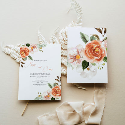 Burnt Orange Autumn Floral Wedding Invitation Set - Make Me Digital: printable event invitations, party games & decor
