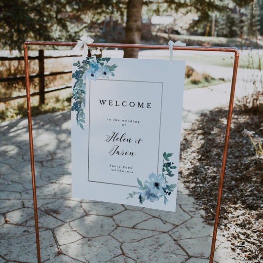 Blue Floral Wedding Welcome Sign