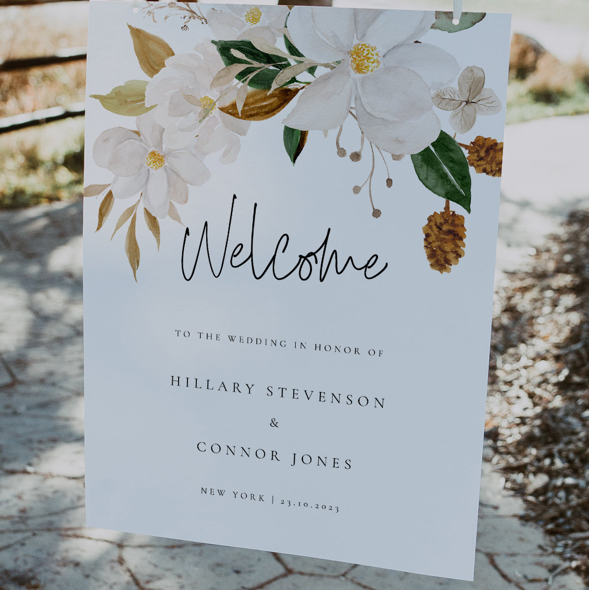 White Magnolia Wedding Welcome Sign Portrait