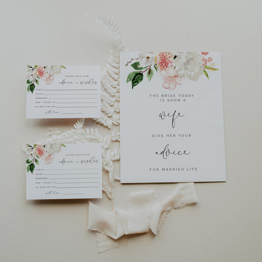 Blush Pink & White Floral Bridal Shower Advice Cards and Sign