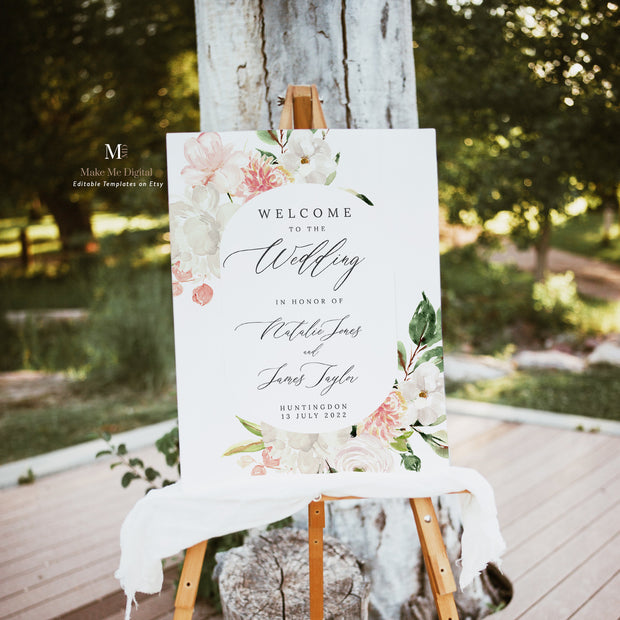 Blush Pink & White Floral Wedding Welcome Sign - Make Me Digital: printable event invitations, party games & decor