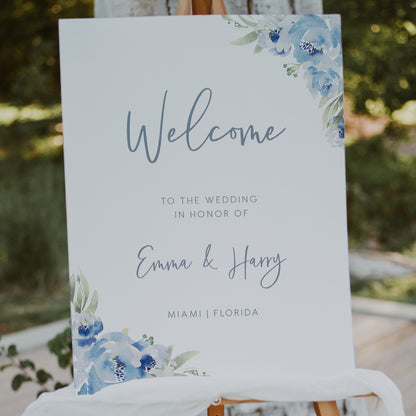 Dusky Blue Floral Wedding Welcome Sign