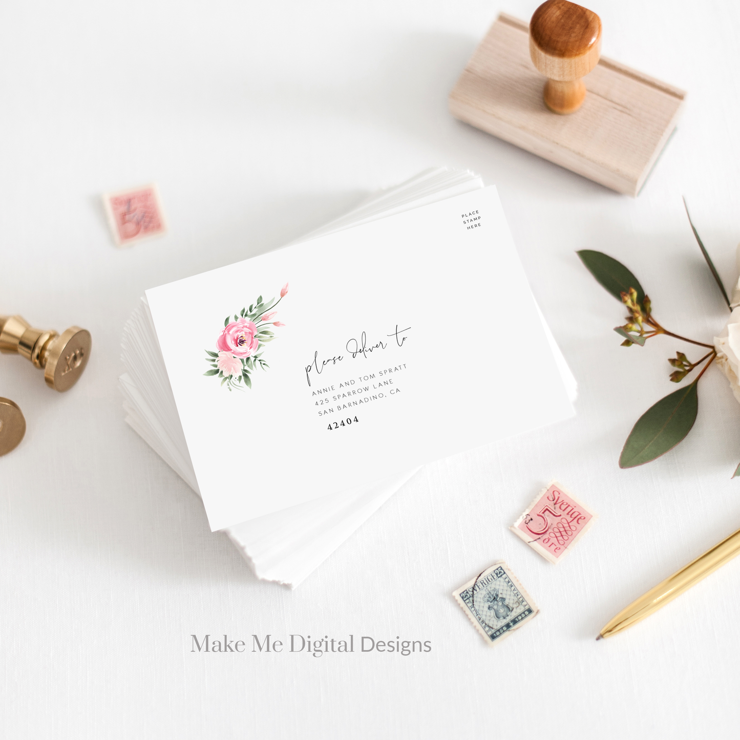 Serena Pink Peony Wedding Envelope Template