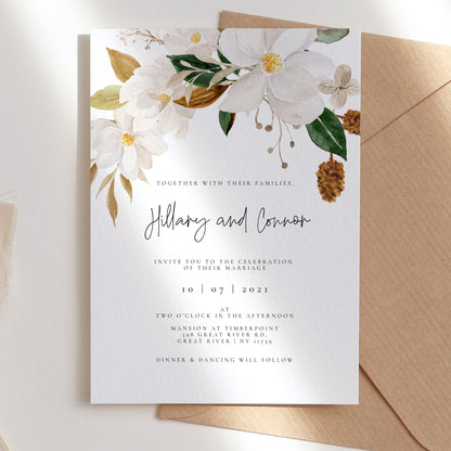 White Magnolia Wedding Invitation & Evite set