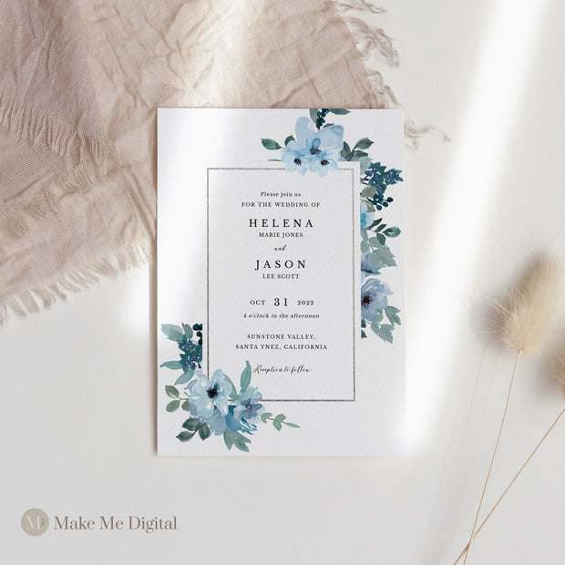 Blue Floral Wedding Invitation Set of 3