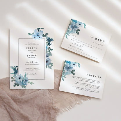 Blue Floral Wedding Invitation Set of 3