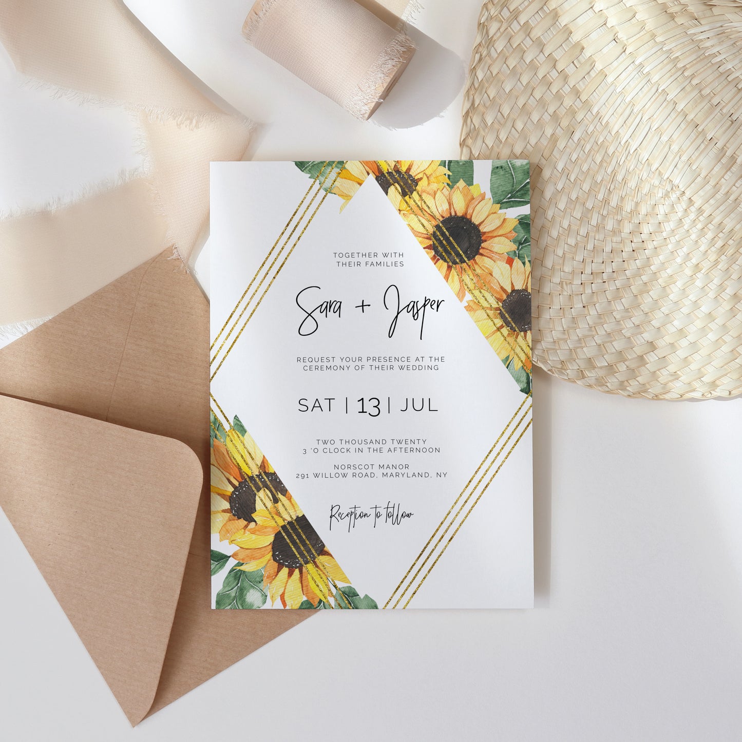 Sunflower Geometric Wedding Invitation Single