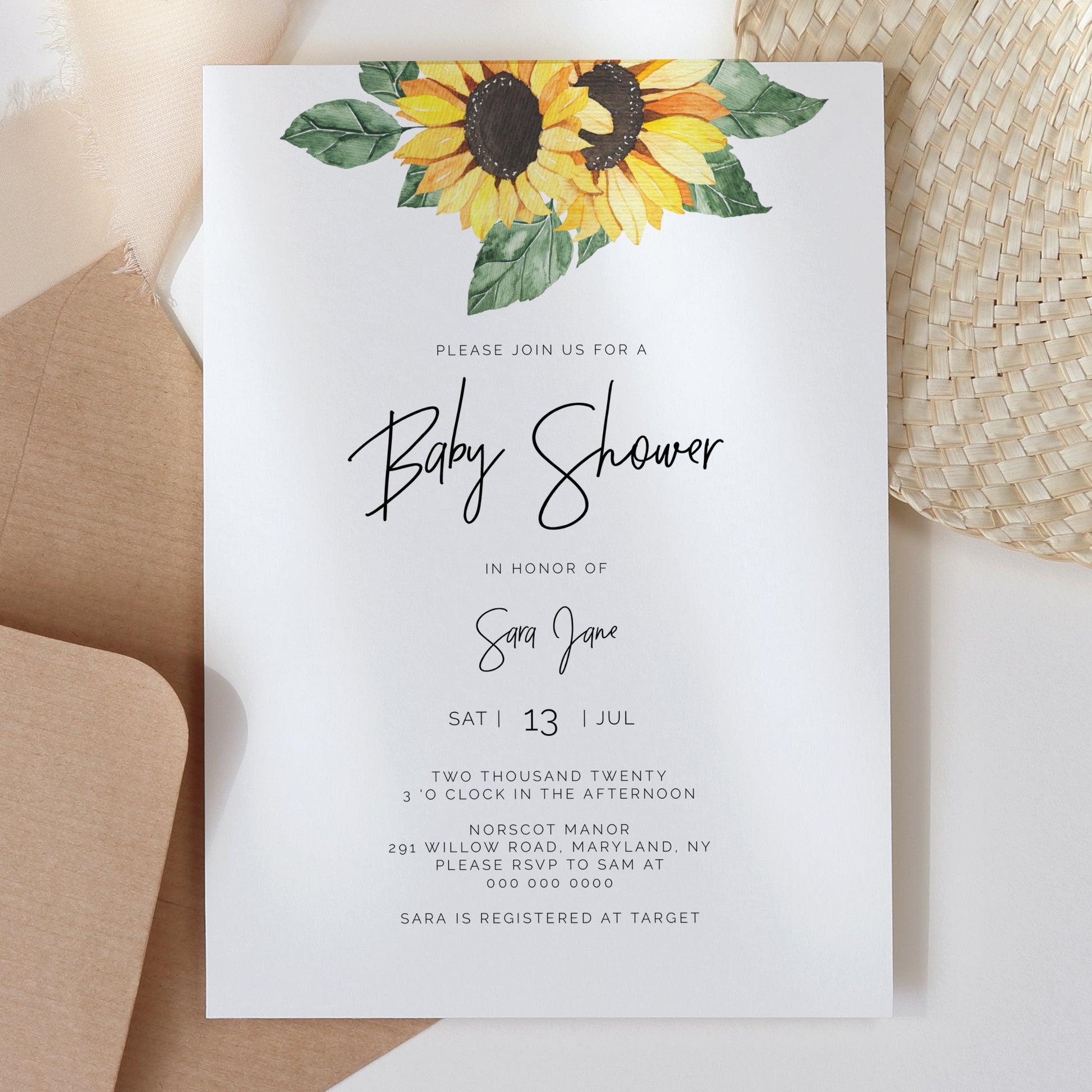 Sunflower Baby Shower Invitation Single