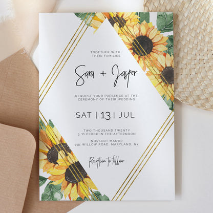 Sunflower Geometric Wedding Invitation Single
