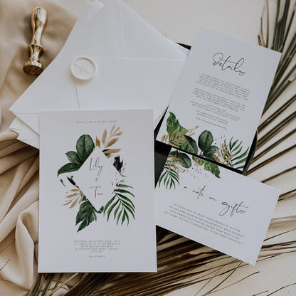 Tropical & Gold Wedding Invitation Set with Honeymoon Card