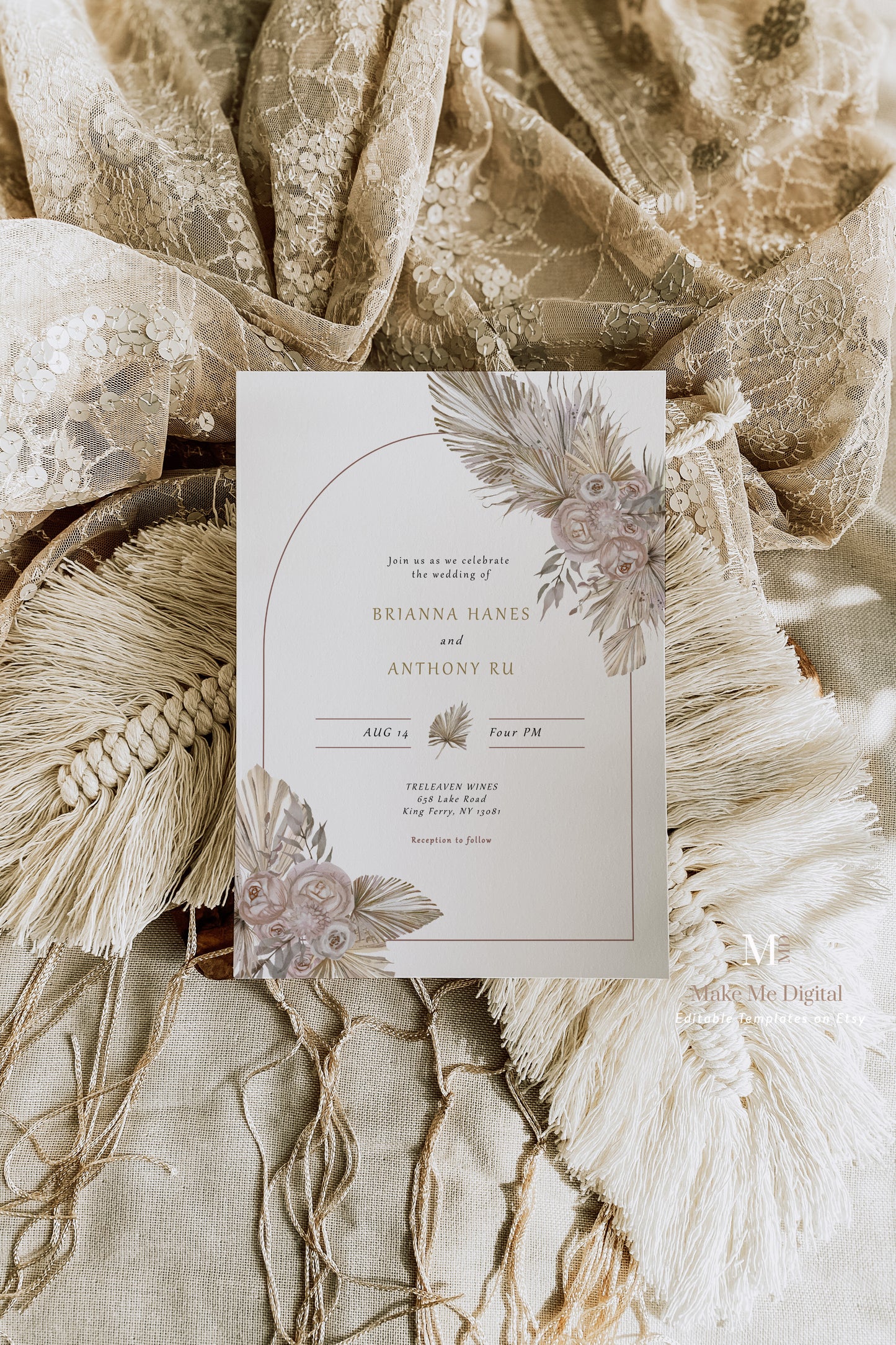 Rustic Pampas Grass Wedding Invitation Single - Make Me Digital: printable event invitations, party games & decor