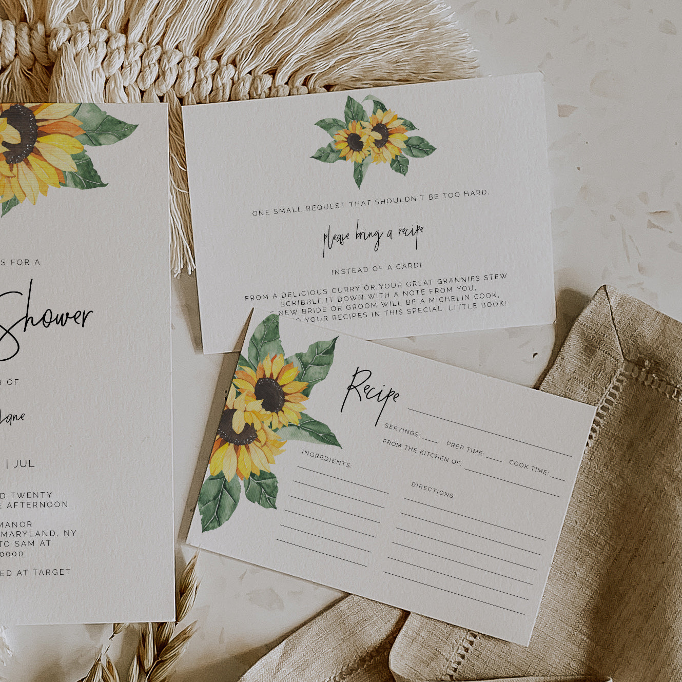 Sunflower Bridal Shower Invitation Set of 3