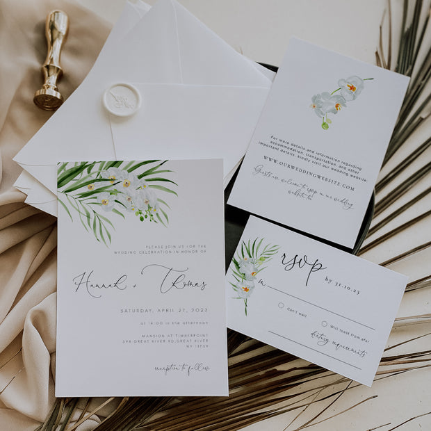 White Orchid Wedding Invitation set of 3