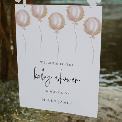 Pink Balloon Girl Baby Shower Welcome Sign