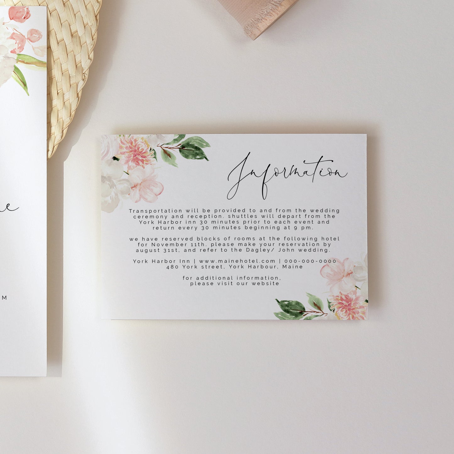 Blush Pink & White Floral Wedding Invitation & Details Card