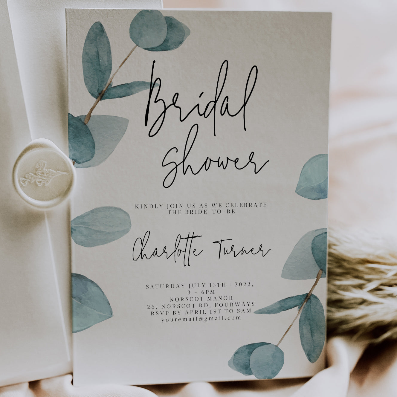 Nala Blue Eucalyptus Bridal Shower Invitation