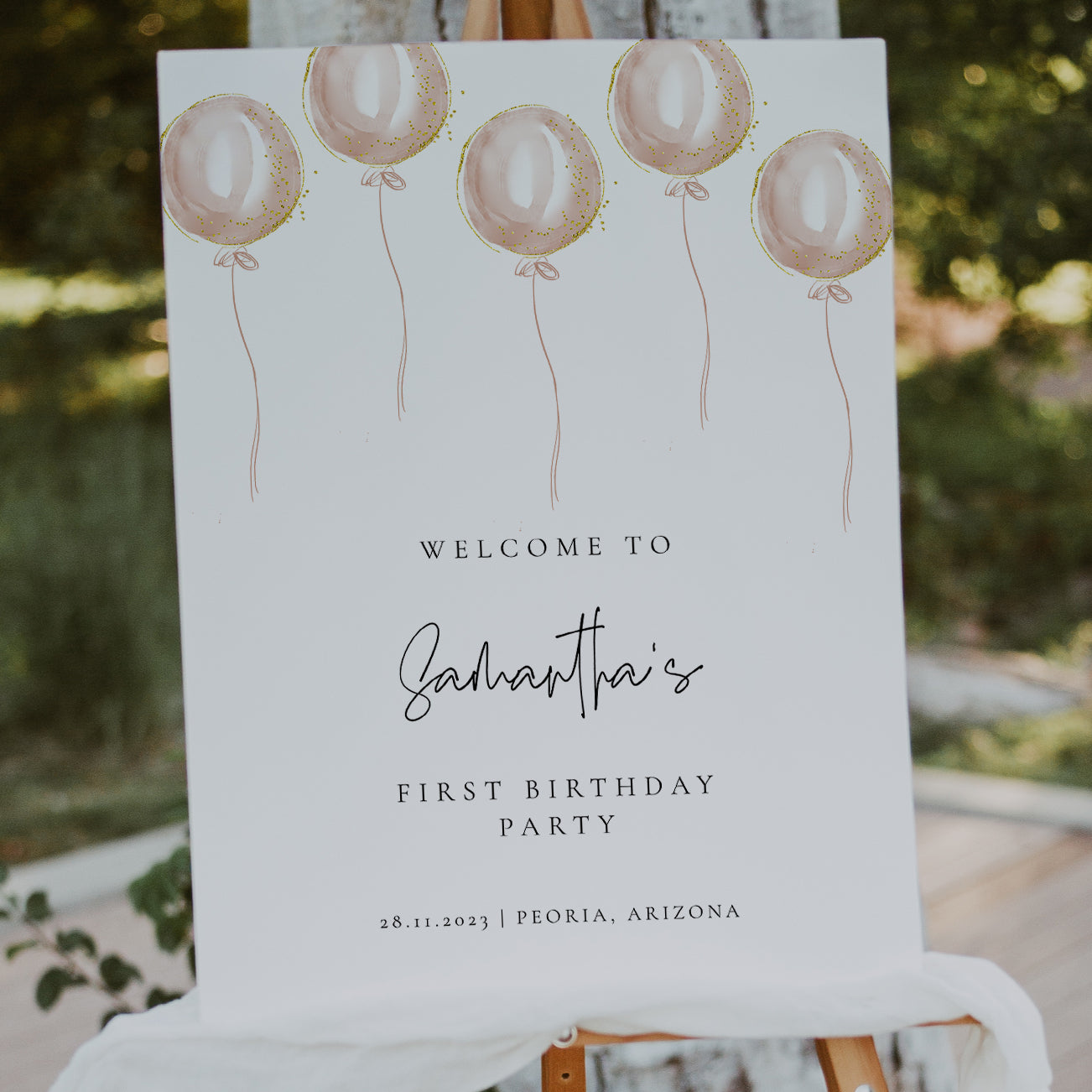 Pink Balloon Girl First Birthday Welcome Sign