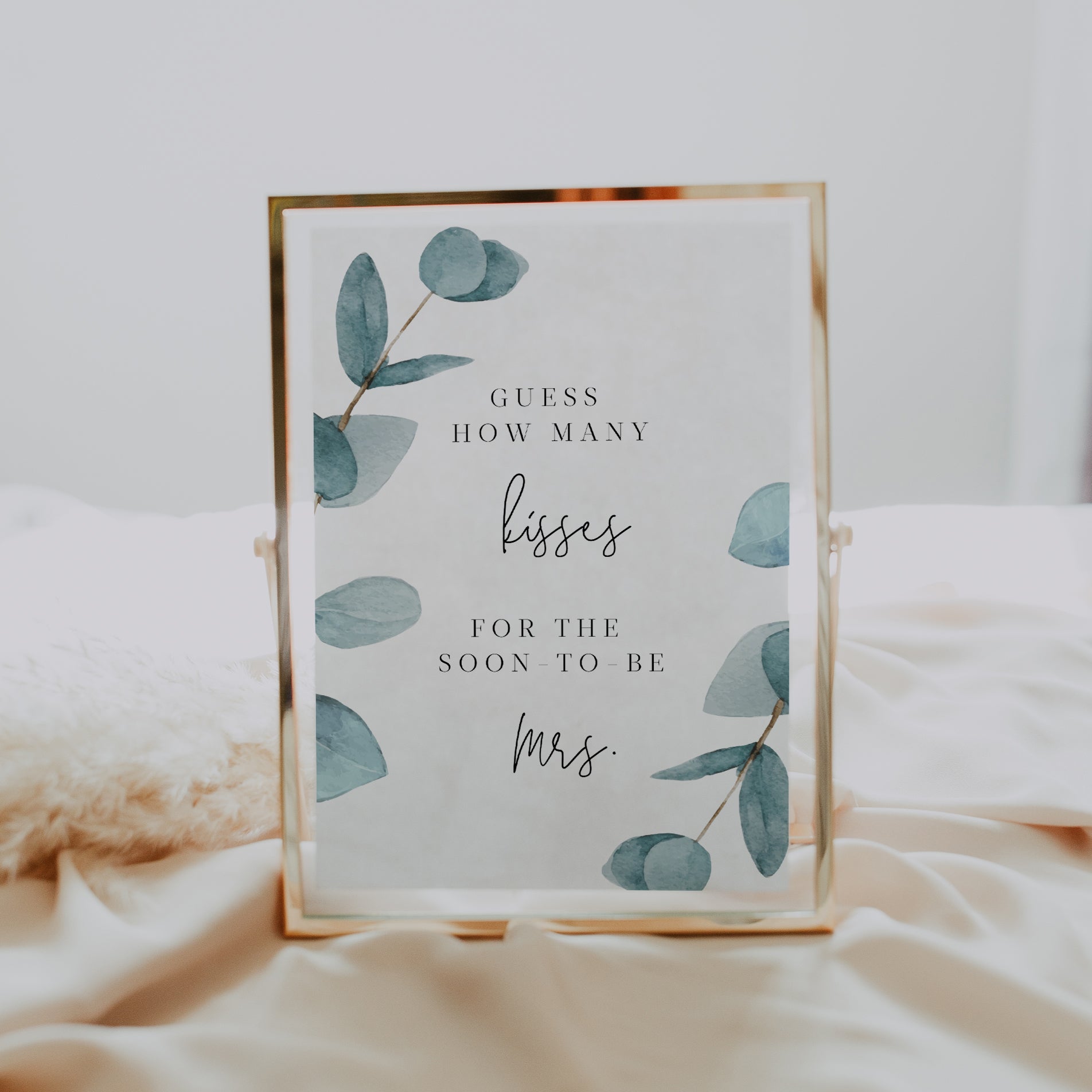Blue Eucalyptus Guess How Many Kisses Sign - Make Me Digital: printable event invitations, party games & decor