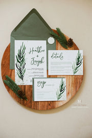 Green & Gold Christmas Pine Wedding Invitation Set of 3