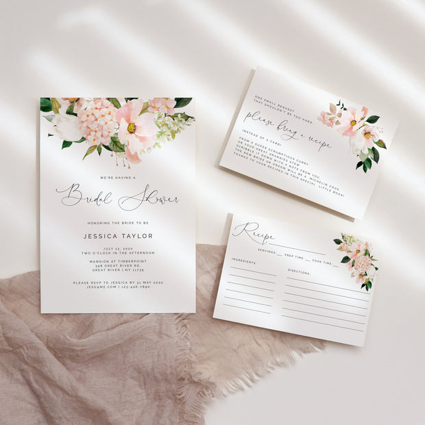 Pink Hydrangea Bridal Shower Invitation Set of 3 - Make Me Digital: printable event invitations, party games & decor