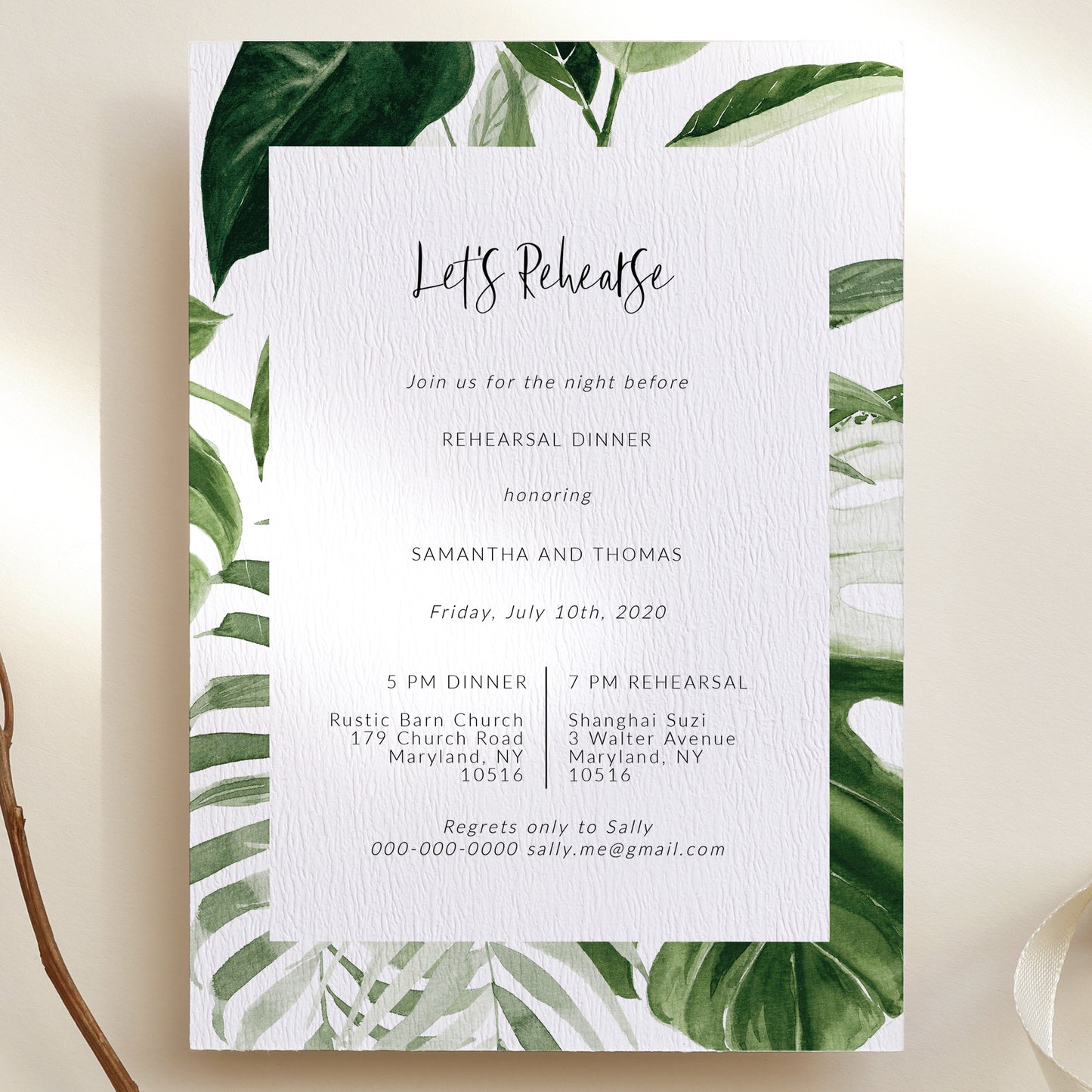 ZURI | Minimalist Tropical Wedding Rehearsal Dinner invitation - Make Me Digital: printable event invitations, party games & decor
