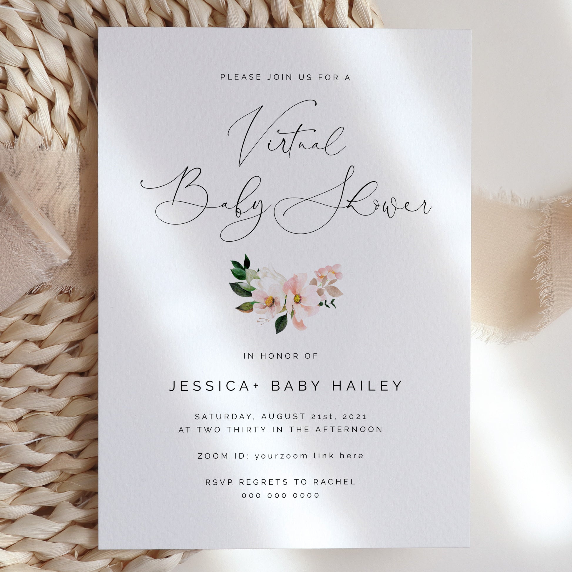 Pink Hydrangea Virtual Baby Shower Invitation - Make Me Digital: printable event invitations, party games & decor