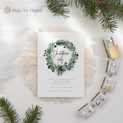 Rustic Holly Christmas Party Invite