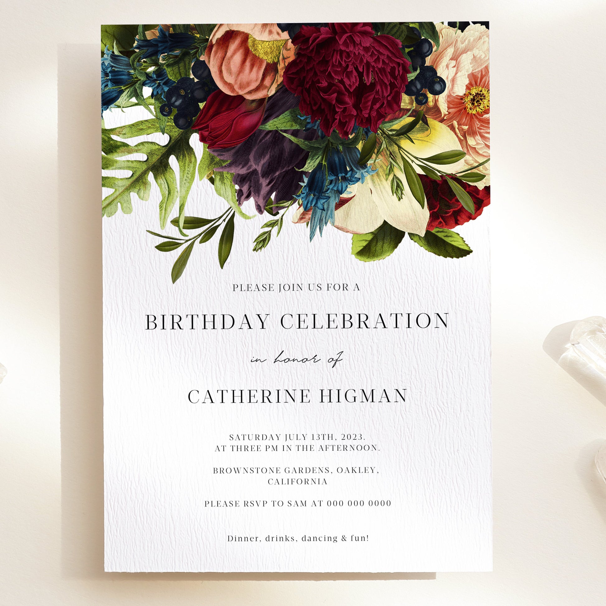 Burgundy Floral Birthday Invitation - Make Me Digital: printable event invitations, party games & decor