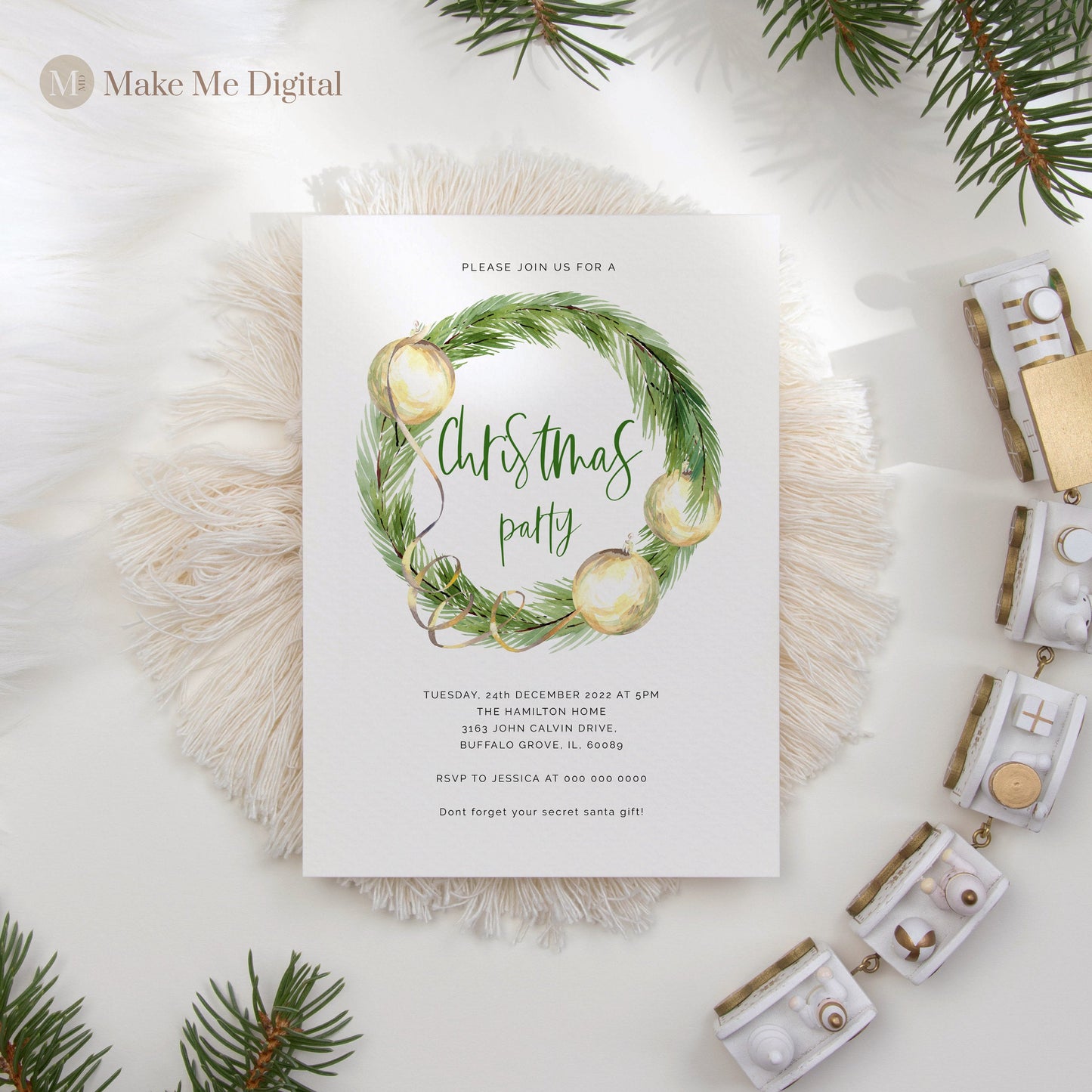 Green & Gold Christmas Party Invitation - Make Me Digital: printable event invitations, party games & decor
