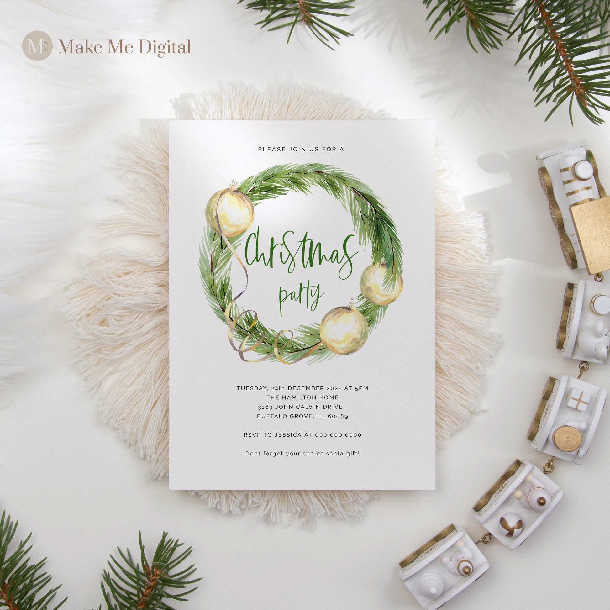 Green & Gold Christmas Party Invitation - Make Me Digital: printable event invitations, party games & decor