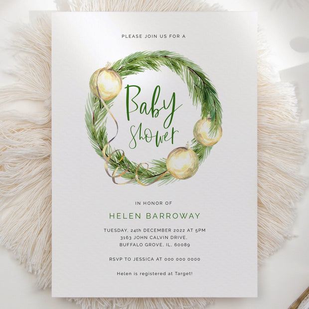 Green & Gold Christmas Baby Shower Invitation - Make Me Digital: printable event invitations, party games & decor