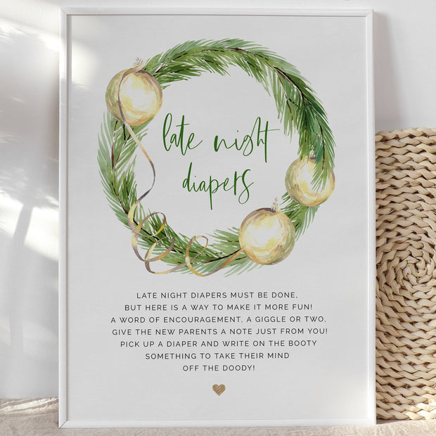 Green & Gold Christmas Late Night Diapers Sign - Make Me Digital: printable event invitations, party games & decor