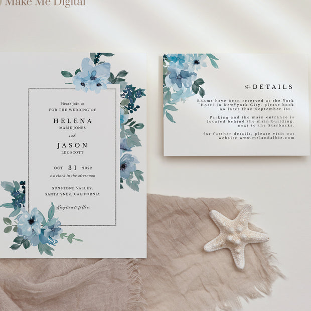 Blue Floral Wedding Invitation Set of 2 - Make Me Digital: printable event invitations, party games & decor