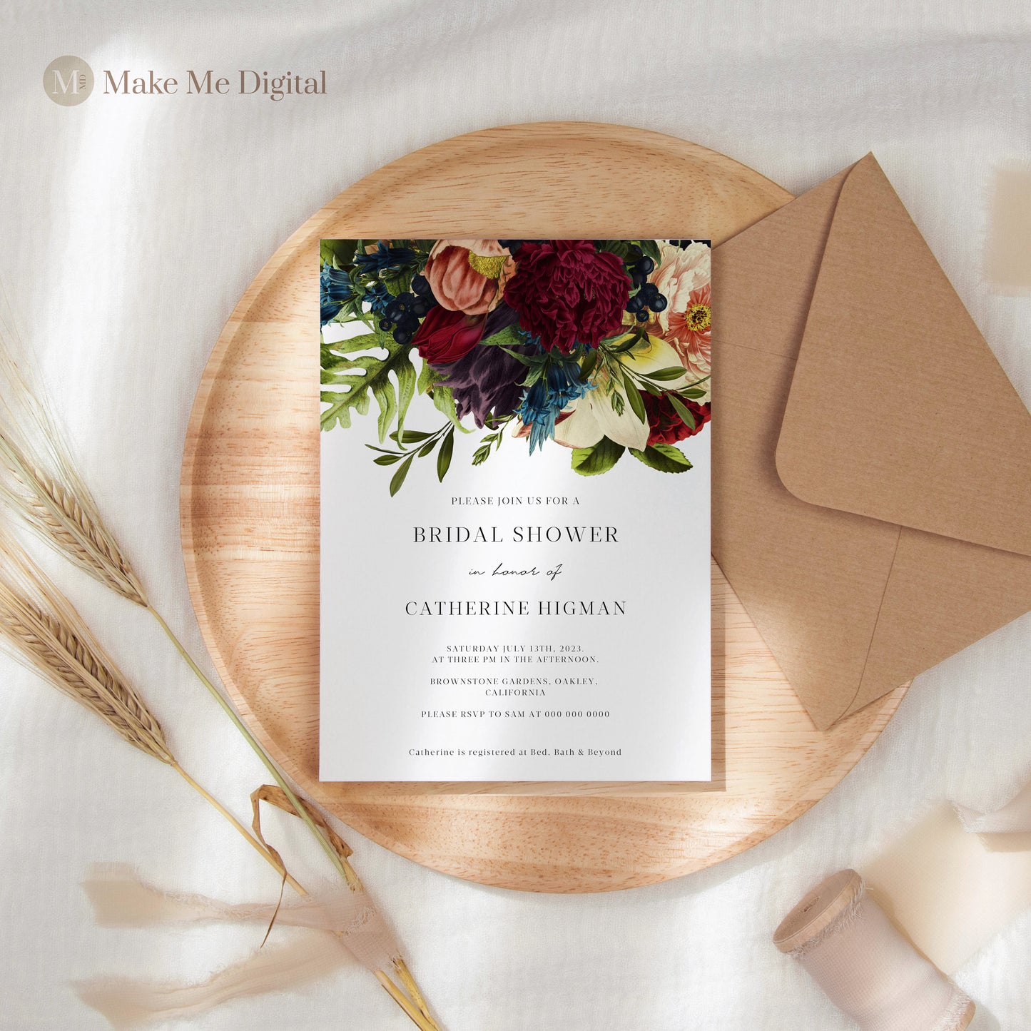 Burgundy Floral Bridal Shower Invitation - Make Me Digital: printable event invitations, party games & decor